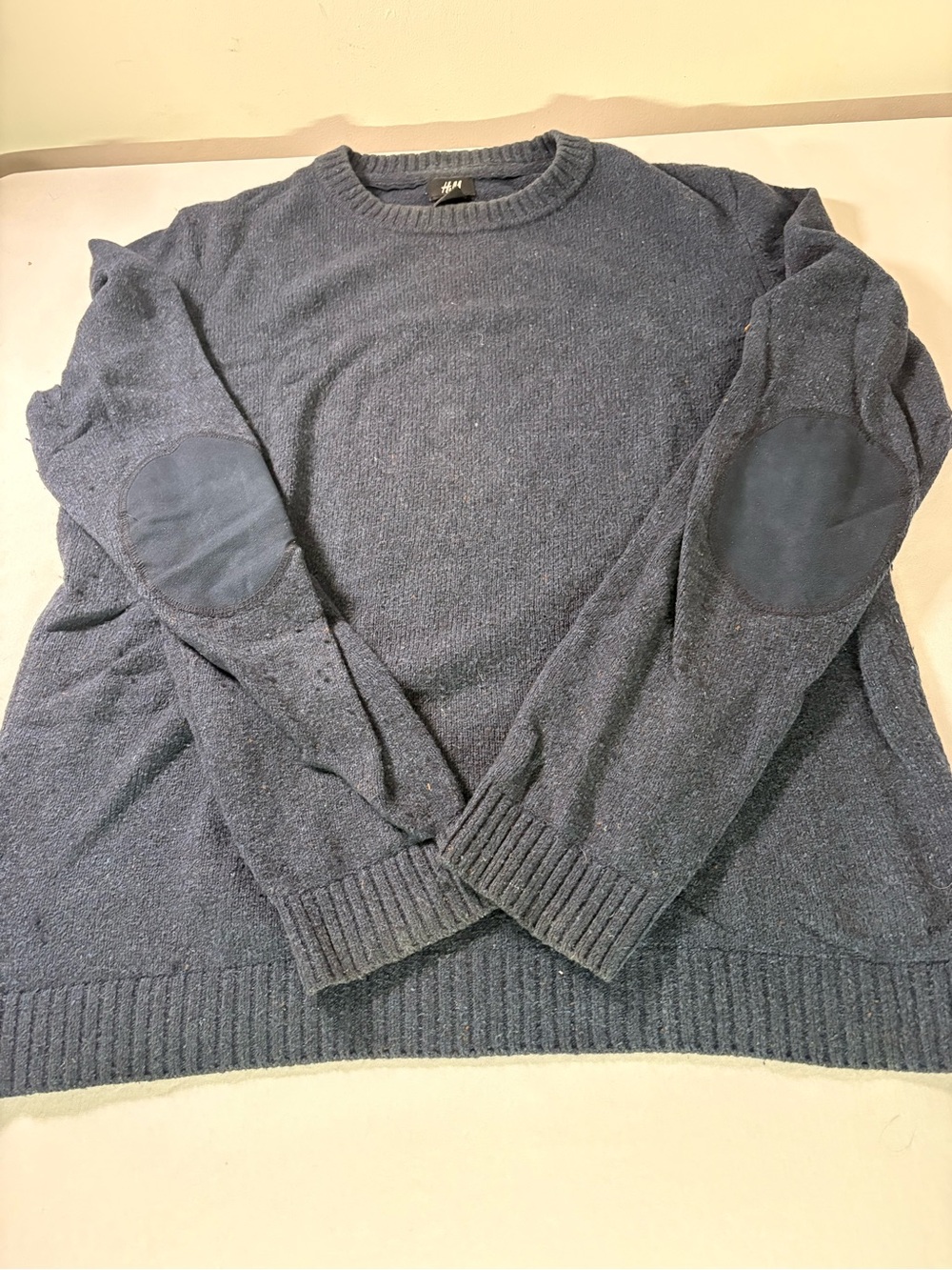H&M Men's Dark Blue Crewneck Sweater with Elbow Patches